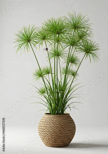 Elegant Papyrus Plant in Woven Pot on White Background