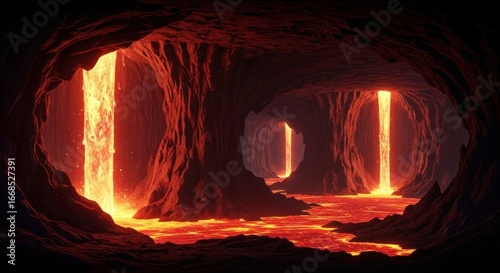 Fototapeta Naklejka Na Ścianę i Meble -  Molten Inferno: Lava Falls in a Cave System