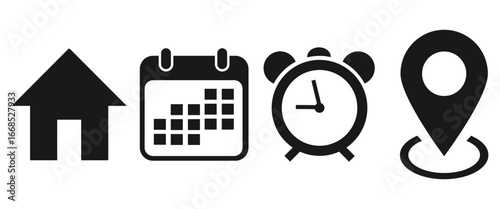 Minimal Black and White Glyph Icons of Time, Date, Calendar, Location and Notifications