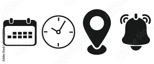 Minimal Black and White Glyph Icons of Time, Date, Calendar, Location and Notifications