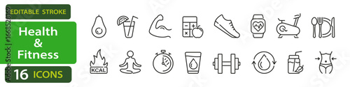 Health and Fitness editable stroke icons set for wellness and lifestyle design. Vector
