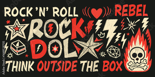 Rock and Roll Rebel Graphic Design with Skull and Flames