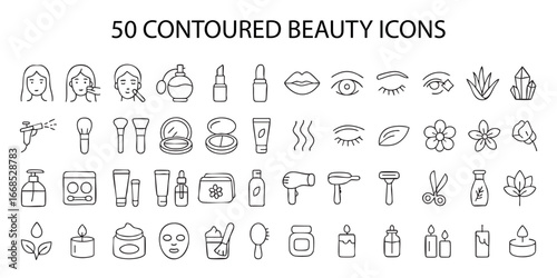 A set of 50 linear icons titled “50 CONTOURED BEAUTY ICONS.” The icons depict various objects and symbols related to beauty and self-care.