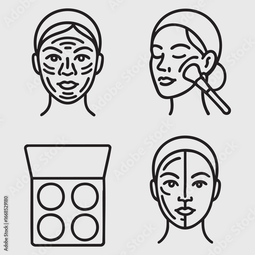 four line-drawn icons related to skincare and makeup