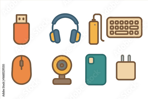 Affordable Tech Gadgets. Flat vector mini-illustrations affordable tech gadgets in colors children's illustrations: basic USB