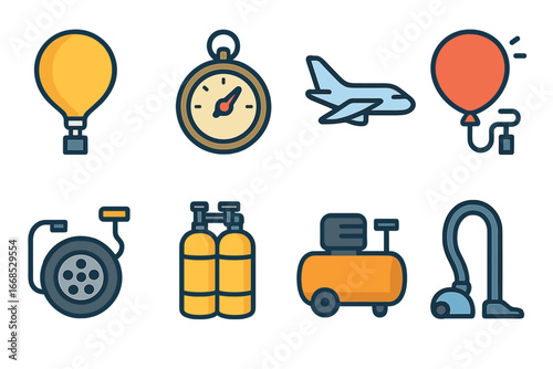 Air Pressure Icons. Flat vector mini-illustrations air pressure in colors children's illustrations: weather balloon, barometer,