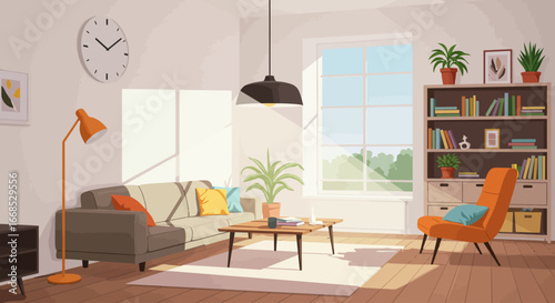 Bright Scandinavian living room with large window and modern furniture in vector art