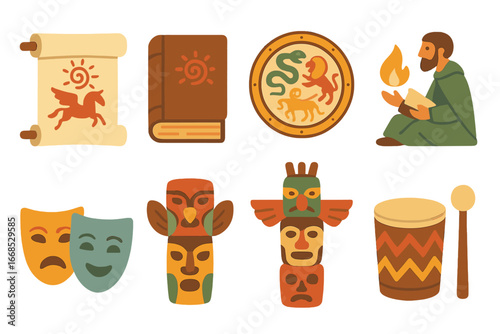 Ancient Myth Mini-Icons. Flat vector mini-illustrations ancient myth stories in colors children's illustrations: scrolls, ancient