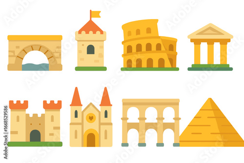 Ancient Architecture Icons. Flat vector mini-illustrations ancient architecture in colors children's illustrations: stone bridge,