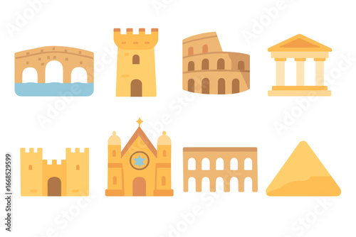 Ancient Architecture Icons. Flat vector mini-illustrations ancient architecture in colors children's illustrations: stone bridge,