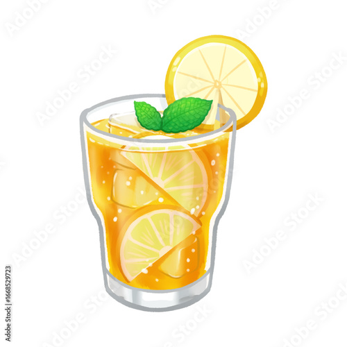 Illustration of a refreshing iced tea beverage with lemon slices, ice cubes, and mint leaves.