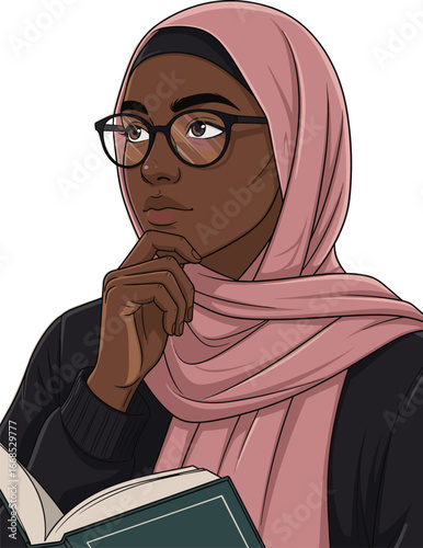 Young Muslim woman in hijab reading a book