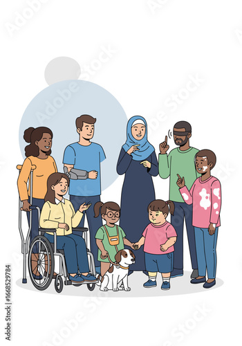 Diverse group of people with different abilities and backgrounds standing together.