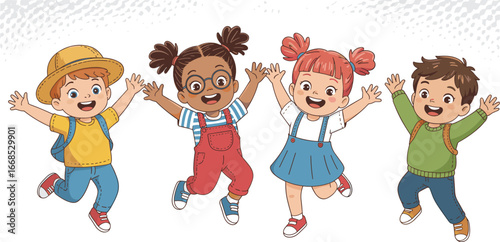 Cartoon children jumping, happy kids characters, joyful boys and girls, playful expressions, colorful outfits, vector illustration, isolated, cheerful group