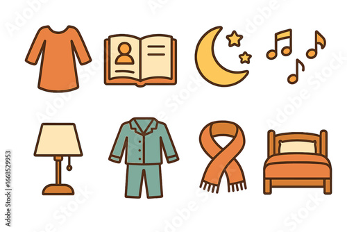 Bedtime Snuggle Icons. Flat vector mini-illustrations bedtime snuggle in colors children's illustrations: nightgown, bedtime