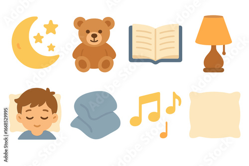 Bedtime Story Icons. Flat vector mini-illustrations bedtime stories in colors children's illustrations: moon and stars, teddy bear