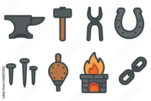 Blacksmith Tools Icons. Flat vector mini-illustrations iron blacksmith workshop in colors children's illustrations: iron anvil,
