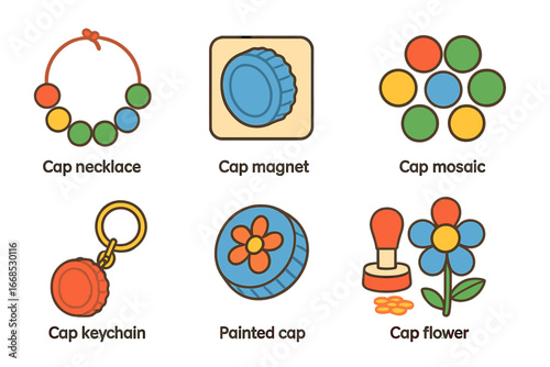 Bottle Cap Crafts. Flat vector mini-illustrations plastic bottle cap crafts in colors children's illustrations: cap necklace, cap