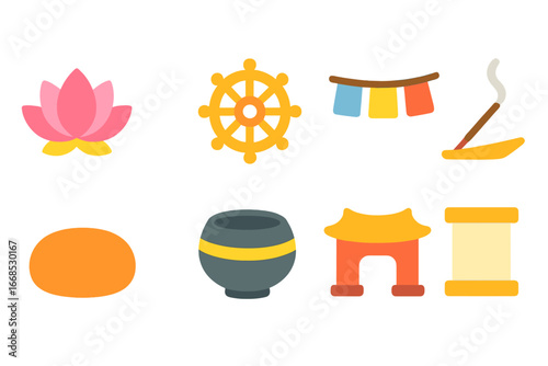 Buddhist Essentials Icons. Flat vector mini-illustrations Buddhist monk symbols in colors children's illustrations: lotus flower,