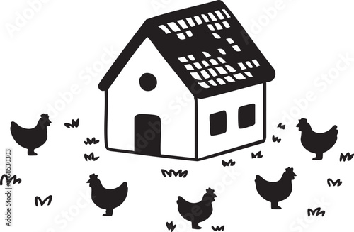 Chicken coop vector illustration: farmhouse with chickens graphic eps silhouette
