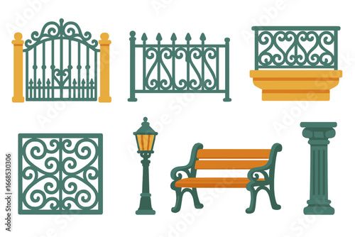 Cast Iron Elements. Flat vector mini-illustrations cast iron architectural elements in colors children's illustrations: cast iron