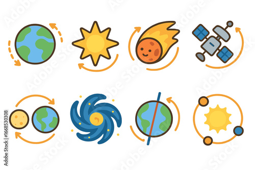 Celestial Rotation Icons. Flat vector mini-illustrations rotation in astronomy in colors children's illustrations: rotating planet