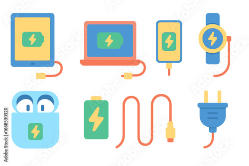 Charging Devices Icons. Flat vector mini-illustrations charger usage in colors children's illustrations: child plugging charger,