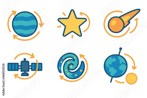 Celestial Rotation Icons. Flat vector mini-illustrations rotation in astronomy in colors children's illustrations: rotating planet