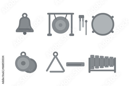 Cast Iron Instruments. Flat vector mini-illustrations cast iron musical instruments in colors children's illustrations: cast iron