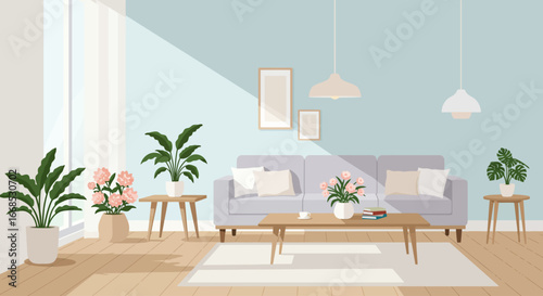 Flat vector illustration of a cozy living space with natural light, indoor plants