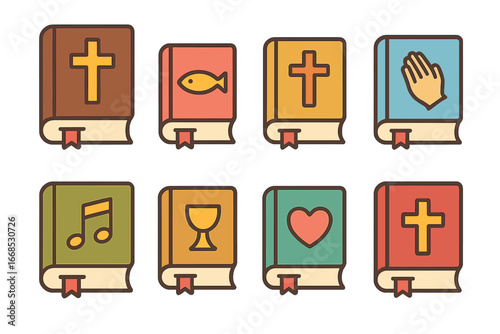 Children's Christian Book Icons. Flat vector mini-illustrations Christian books in colors children's illustrations: Bible, New