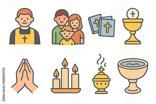 Children's Church Icons. Flat vector mini-illustrations church services in colors children's illustrations: priest, congregation,