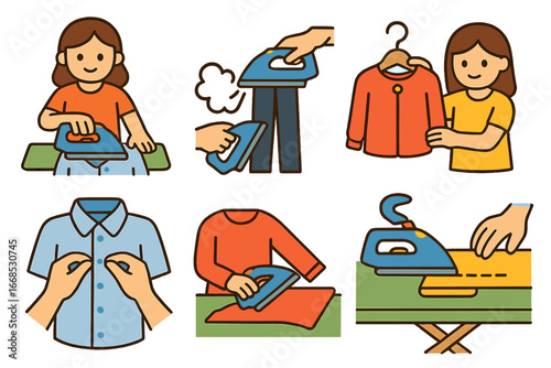 Children's Clothes Ironing Icons. Flat vector mini-illustrations clothes ironing actions in colors children's illustrations: