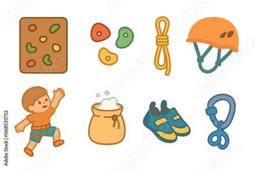 Children's Climbing Adventure. Flat vector mini-illustrations rock climbing in colors children's illustrations: rock wall,