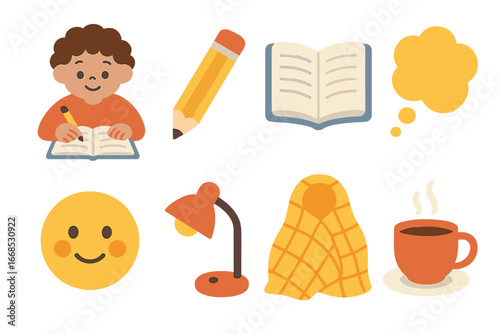 Children's Diary Illustrations. Flat vector mini-illustrations diary writing in colors children's illustrations: child writing