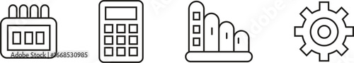 editable stroke lineart icon,Simple Line Icons Representing Calendar Calculator Graph and Gear for Business