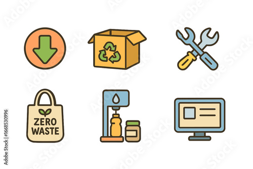 Children's Eco Icons. Flat vector mini-illustrations waste reduction in colors children's illustrations: reduce sign, reuse box,