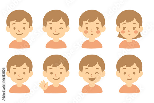Children's Expression Icons. Flat vector mini-illustrations subtle expressions in colors children's illustrations: soft smile,