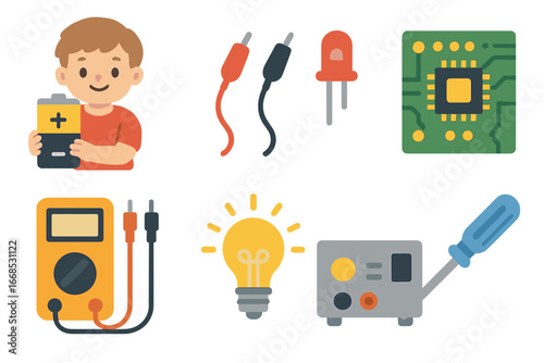 Children's Electricity Experiments. Flat vector mini-illustrations electricity experiments in colors children's illustrations: