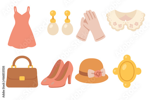 Children's Fashion Icons. Flat vector mini-illustrations refined fashion in colors children's illustrations: silk dress, pearl
