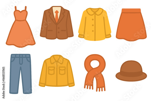 Children's Fashion Icons. Flat vector mini-illustrations atelier clothing in colors children's illustrations: evening gown,