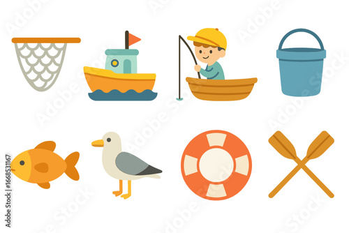 Children's Fishing Adventure. Flat vector mini-illustrations fishing boat in colors children's illustrations: fishing net, boat,