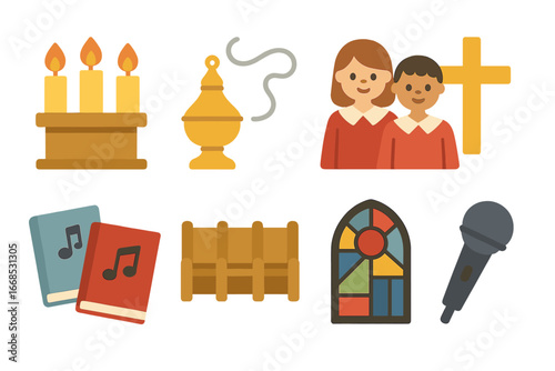 Children's Hymn Icons. Flat vector mini-illustrations hymn ceremony in colors children's illustrations: altar candles, incense,