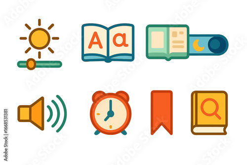 Children's Kindle Icons. Flat vector mini-illustrations kindle reading settings in colors children's illustrations: brightness