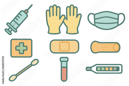 Children's Medical Supplies Grid. Flat vector mini-illustrations disposable medical supplies in colors children's illustrations: