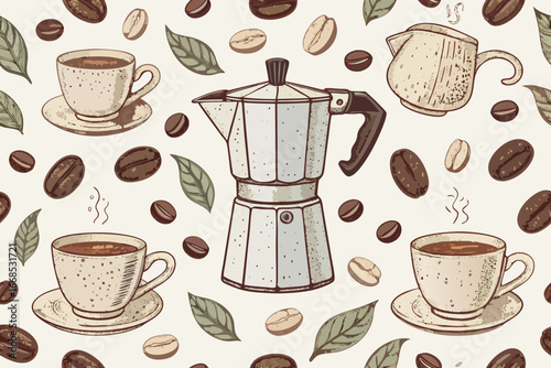 Stunning Seamless With Moka Pot Cups And High-Quality Stock Image