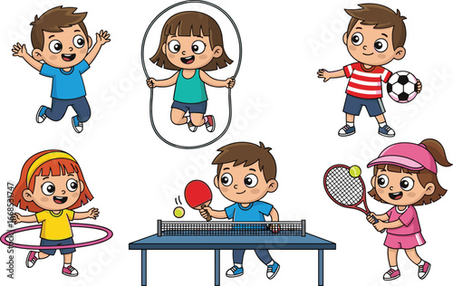 Cartoon children playing sports, colorful vector illustration, kids doing activities, football, tennis, hula hoop, ping pong, jump rope, fun