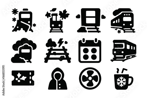 Seasonal Train Icons. Solid style icons of seasonal train travel: snowplow train, autumn leaves train, summer window open, spring