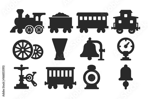 Vintage Train Icons. Solid style icons of vintage trains: steam locomotive, coal tender, conductor car, antique caboose, spoked