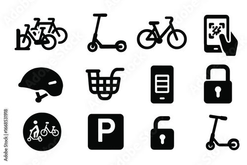 Shared Mobility Icons. Solid style icons of shared bikes and scooters: bike docking station, electric scooter, rental bike, QR